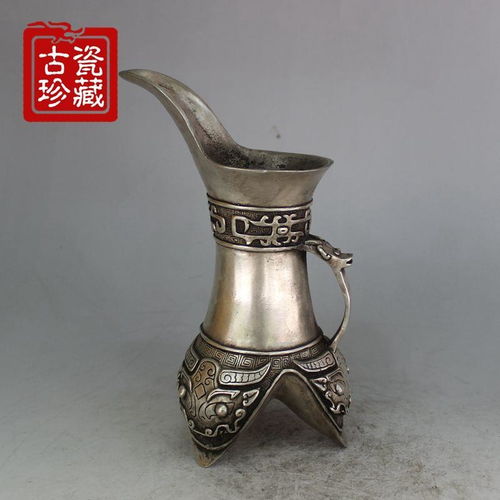新品 保真风水摆件纯铜镀银白银大号三足爵杯摆件酒杯家居装饰品