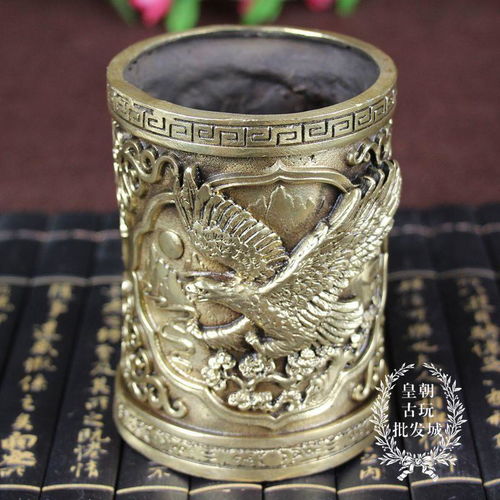 文房四宝黄铜 收藏铜器摆件纯铜仿古工艺品古玩大飞鸿图笔筒 新品